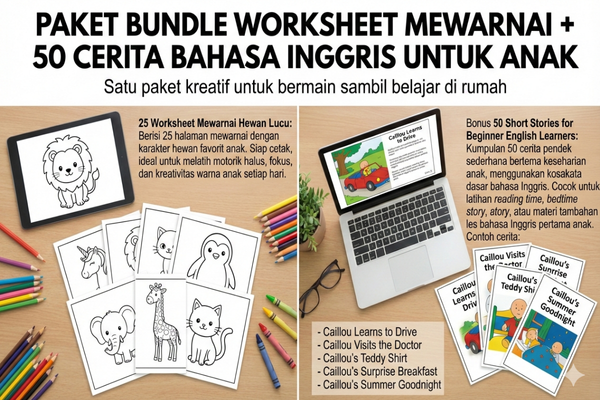 25 Worksheet Mewarnai Hewan Lucu + 50 Short Stories for Beginner English Learners