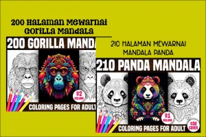 2 Bundle Halaman Mewarnai Mandala Gorila dan Panda